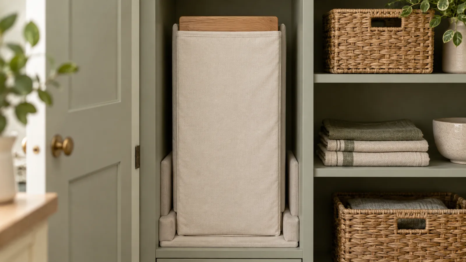 Illustrative covered furniture component stored upright in a dedicated cupboard compartment