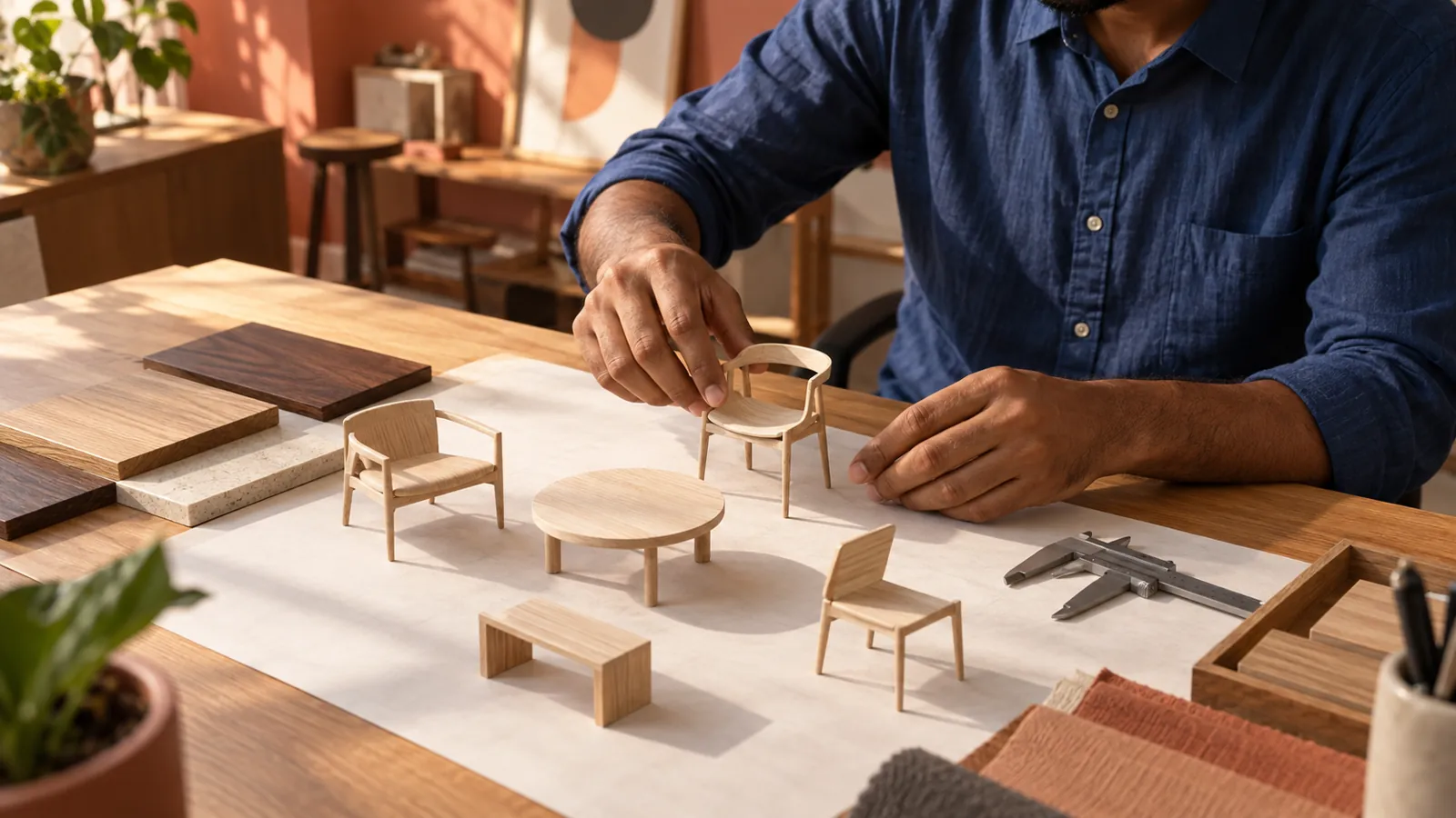 Illustrative furniture designer reviewing chair and table mock-ups at a studio desk