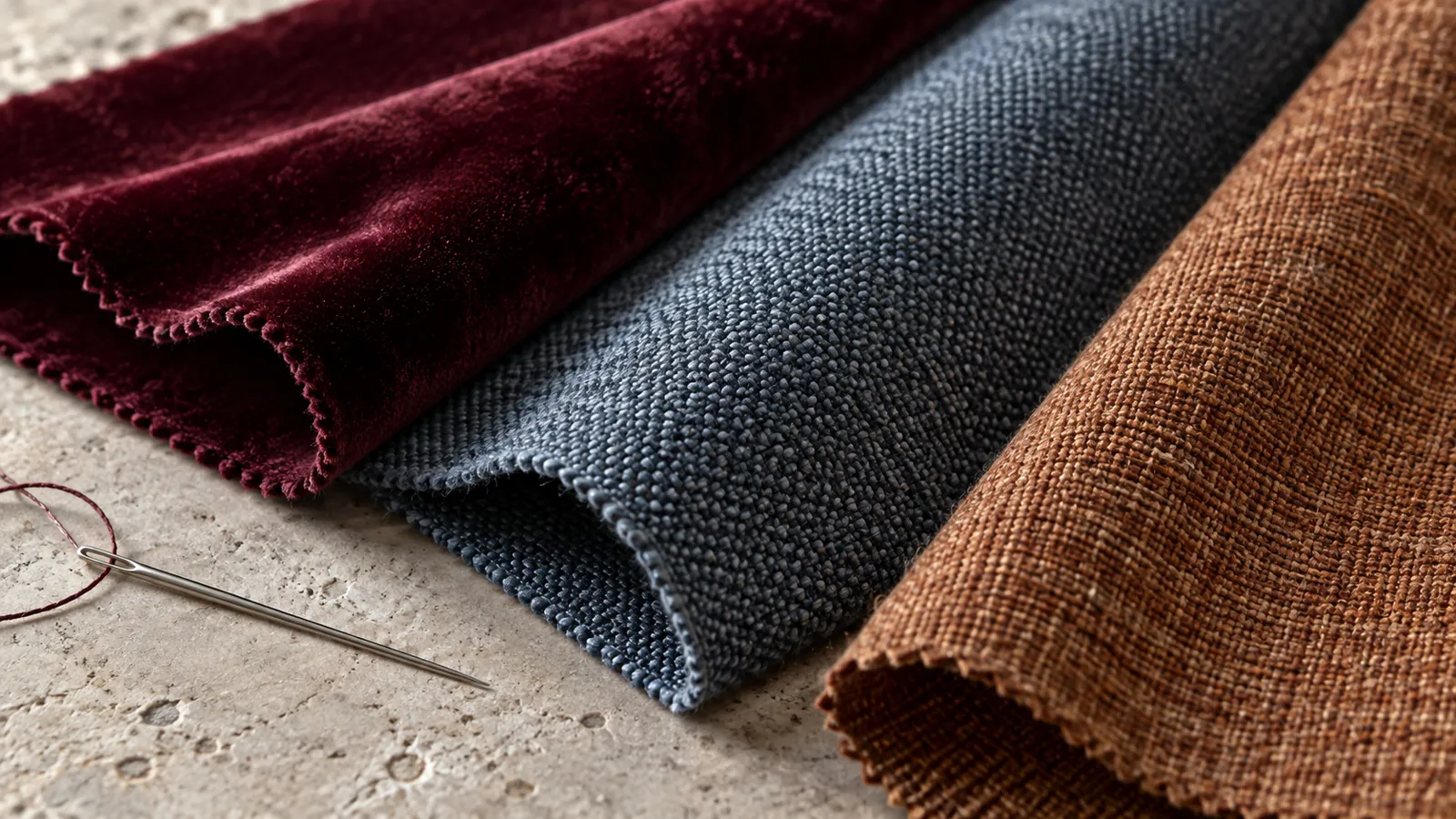 Close view of burgundy, slate blue and rust upholstery fabrics on a stone work surface