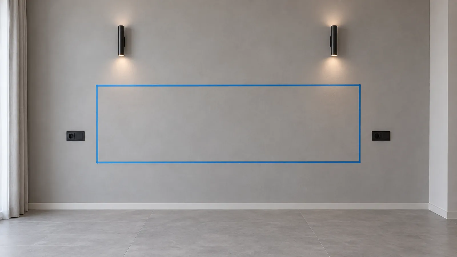 Illustrative headboard outline marked on a bare bedroom wall beside lights and electrical fittings