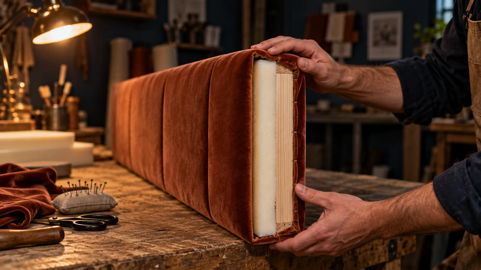 Illustrative upholsterer inspecting a padded panel with its foam and backing visible at the end