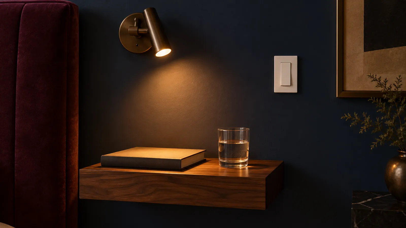 Reading lamp, wall switch and floating bedside shelf beside a burgundy headboard in evening light