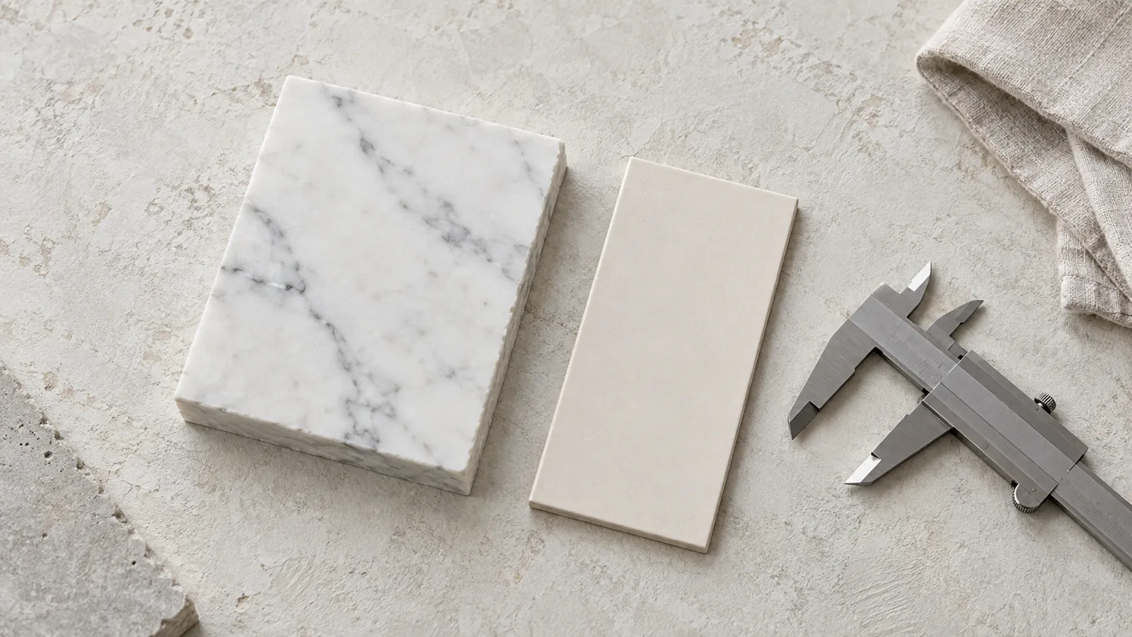 Illustrative marble and ceramic samples beside a calliper on a pale workbench