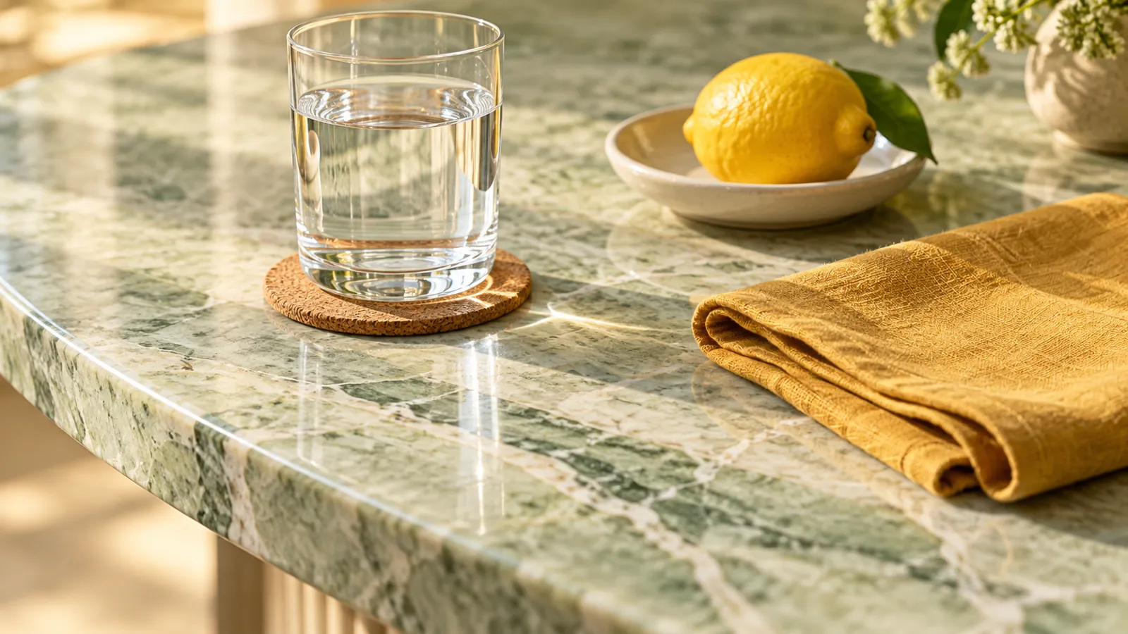 Illustrative marble surface with a glass on a coaster and a lemon on a saucer