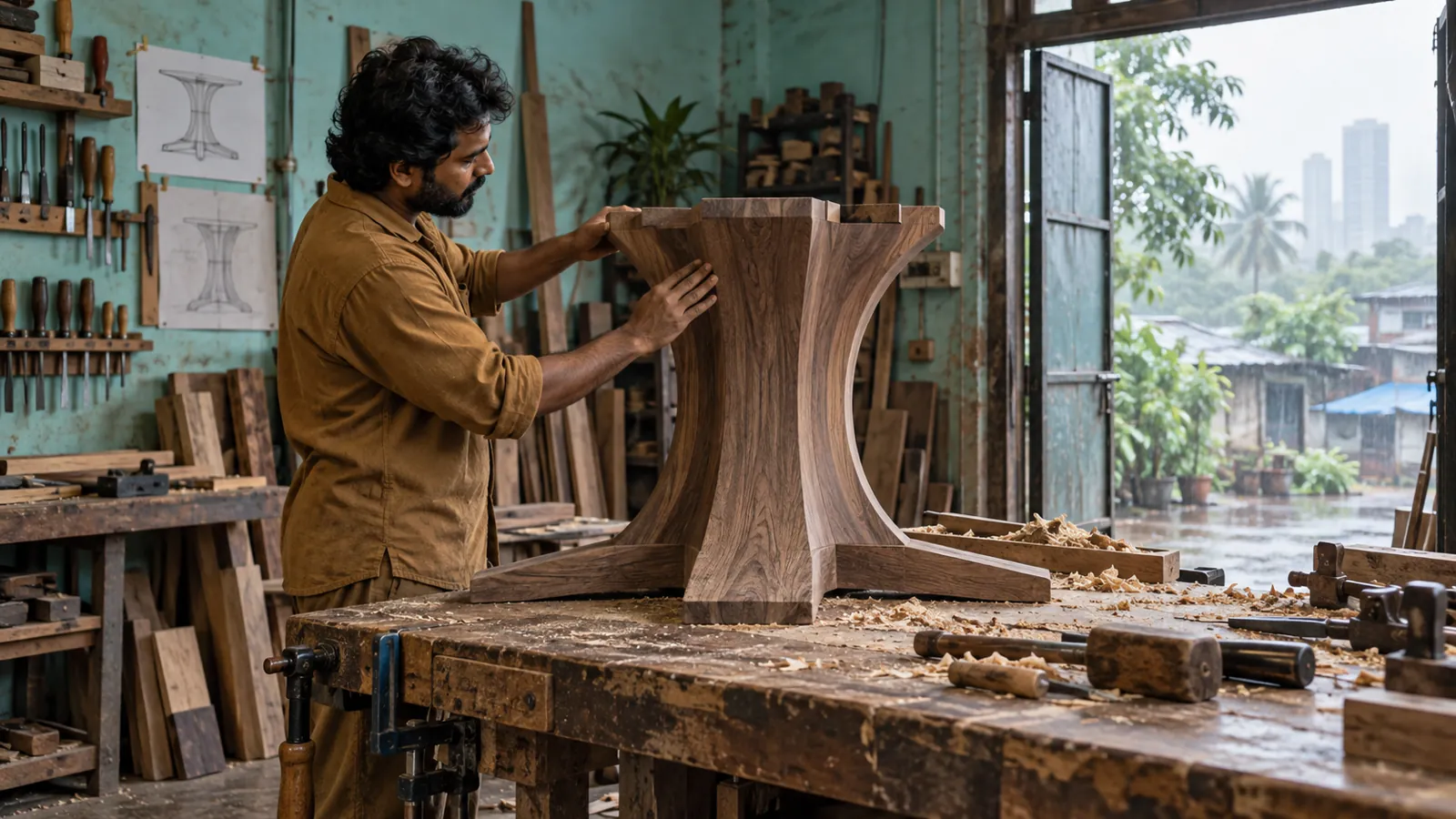 Illustrative craftsperson inspecting an unfinished walnut table base, not an actual FCI workshop