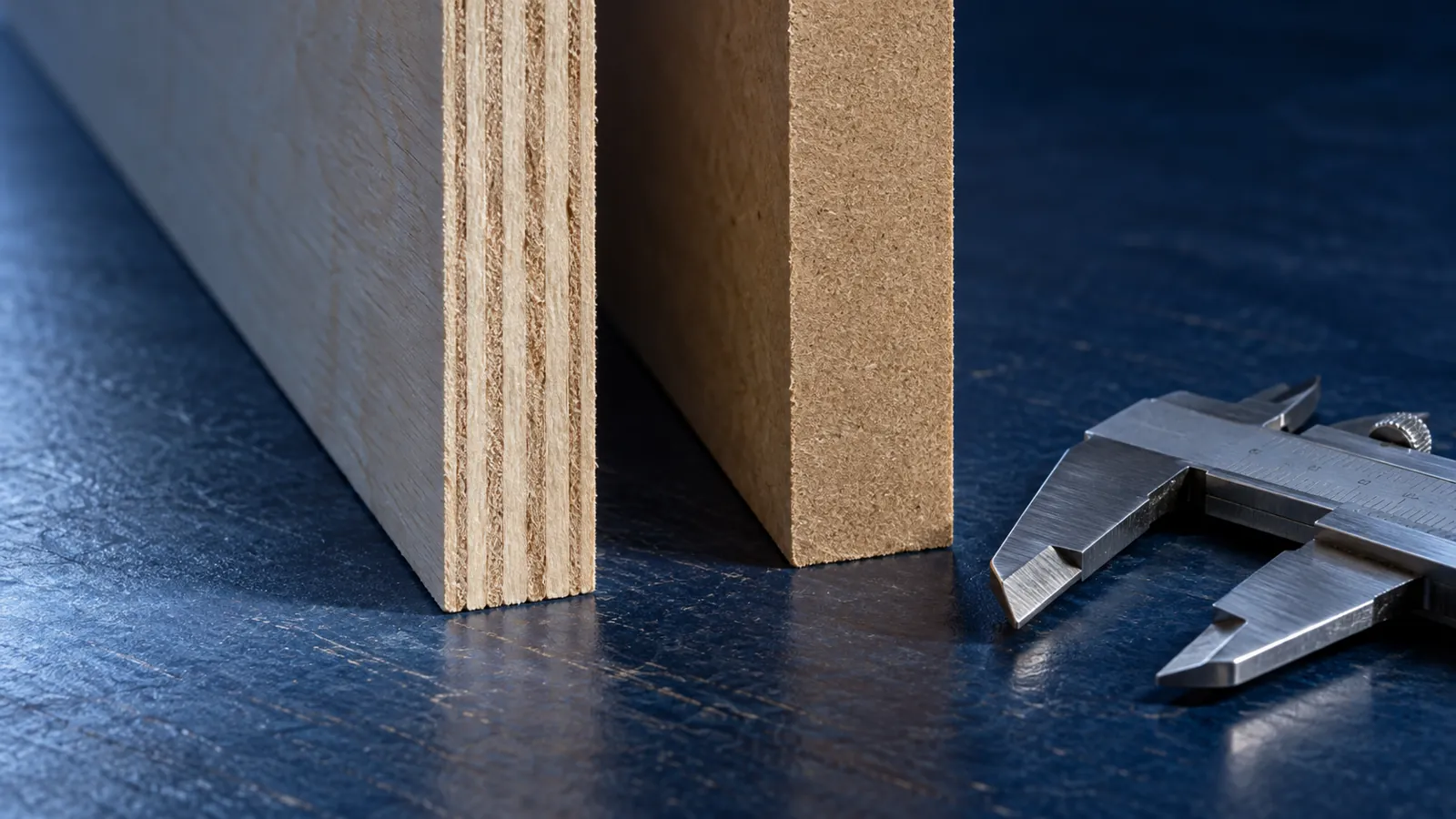 Illustrative plywood and fibreboard offcuts with contrasting edge structures beside a calliper