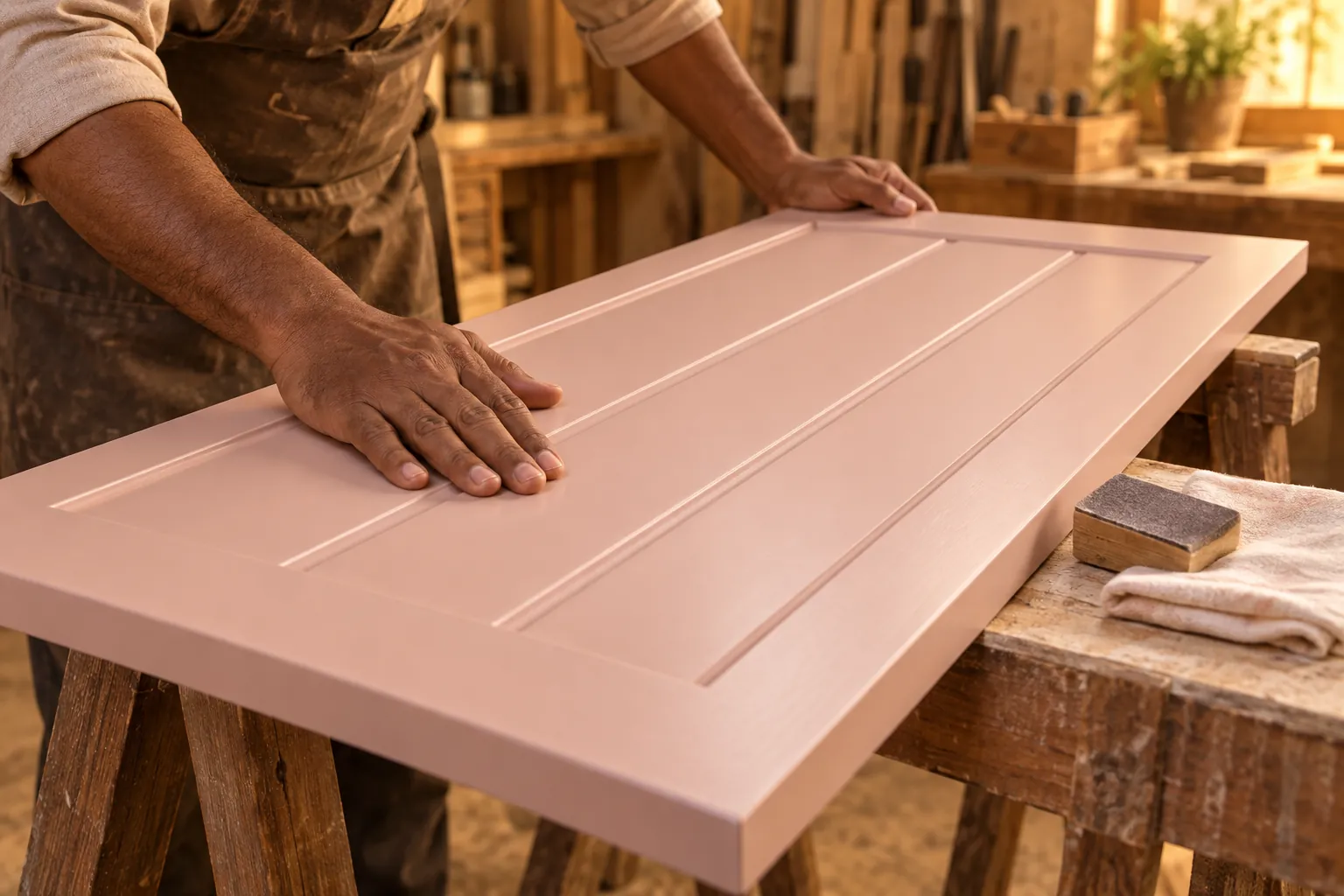 Illustrative cabinetmaker inspecting grooves on a painted door panel, not an actual FCI workshop