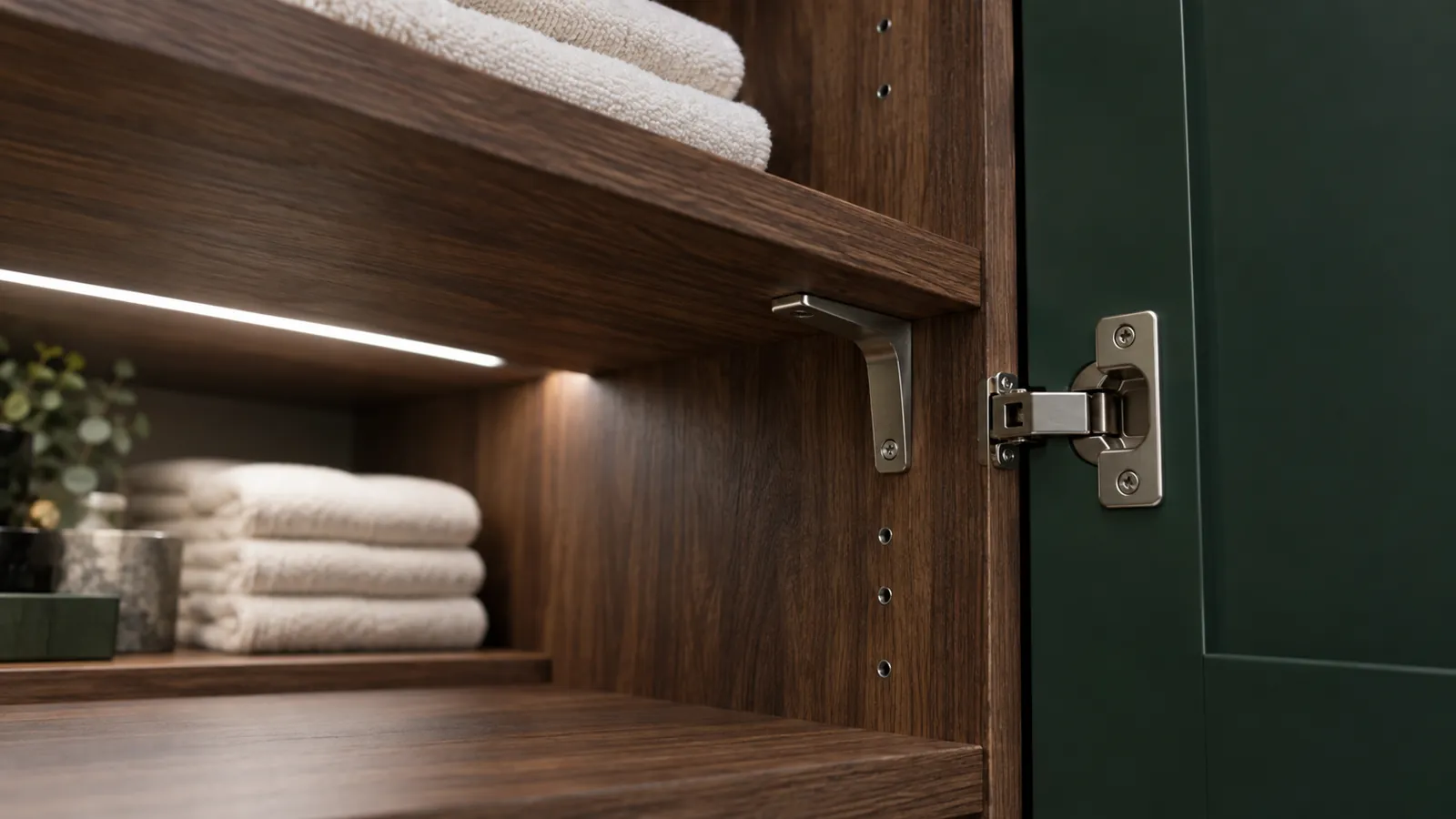 Illustrative close view of wardrobe shelf supports, a concealed hinge and finished panel edges