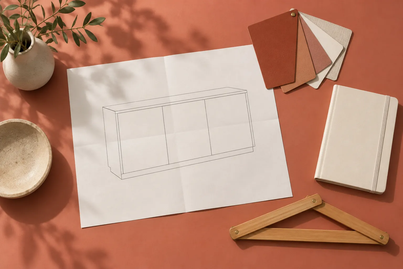 Illustrative cabinet planning sheet, finish samples and folding ruler on a coral desk