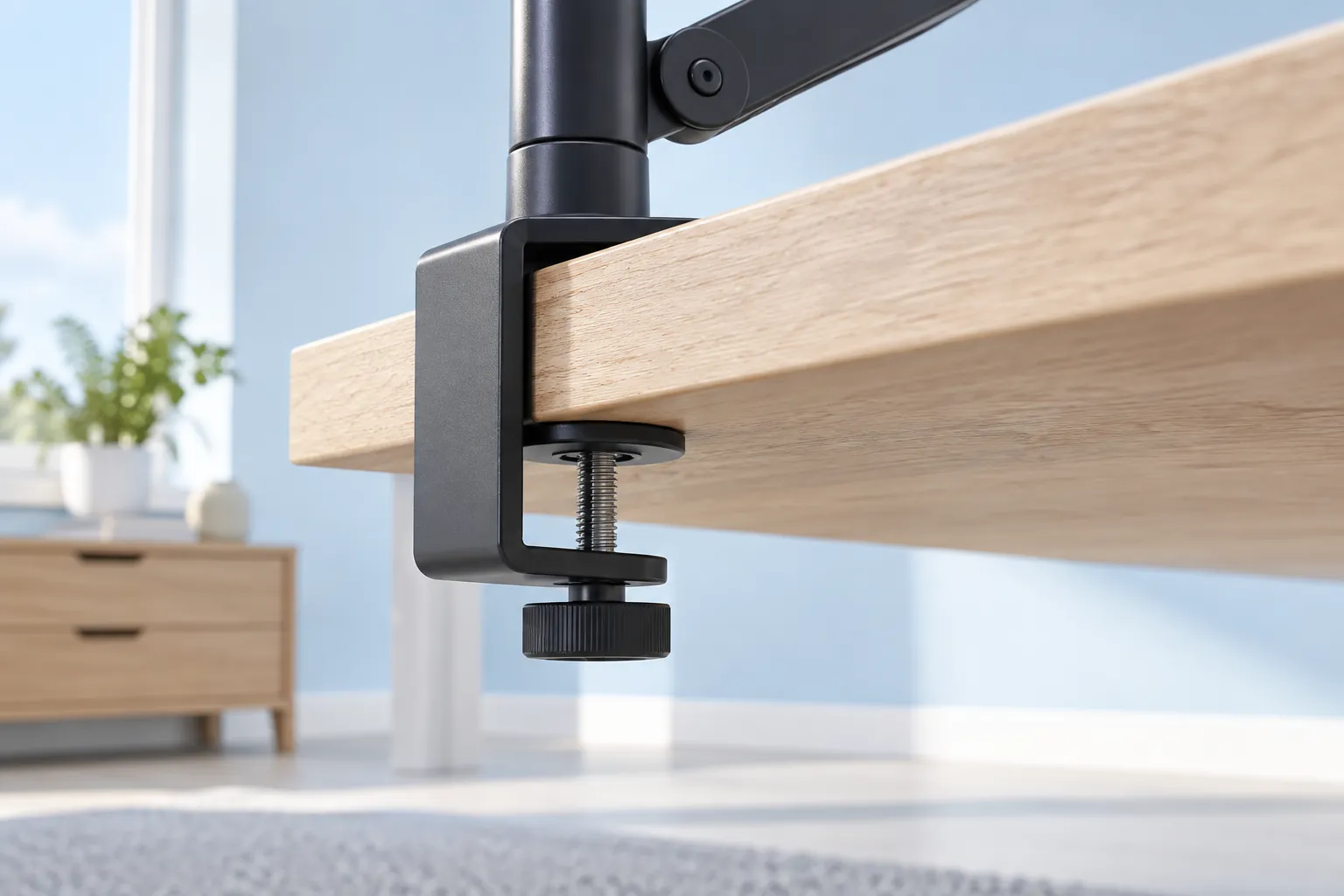 Illustrative desk-clamp hardware at a flat timber edge, not a certified installation detail