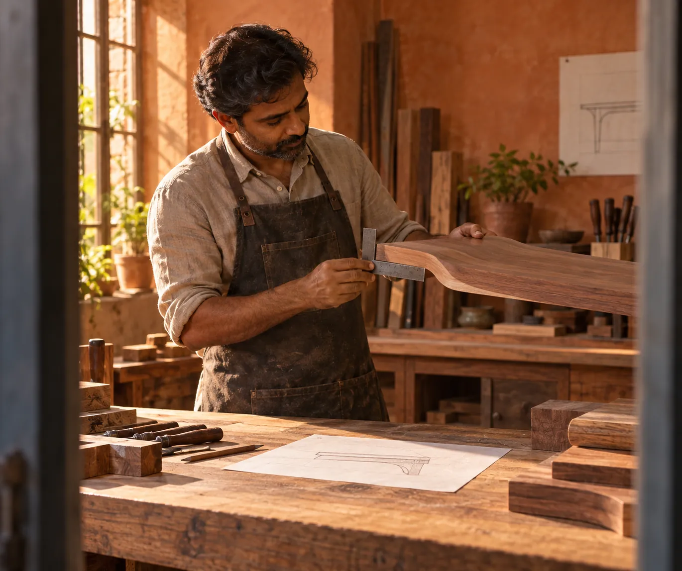 Illustrative cabinetmaker reviewing a desktop edge sample, not an actual FCI worker or workshop