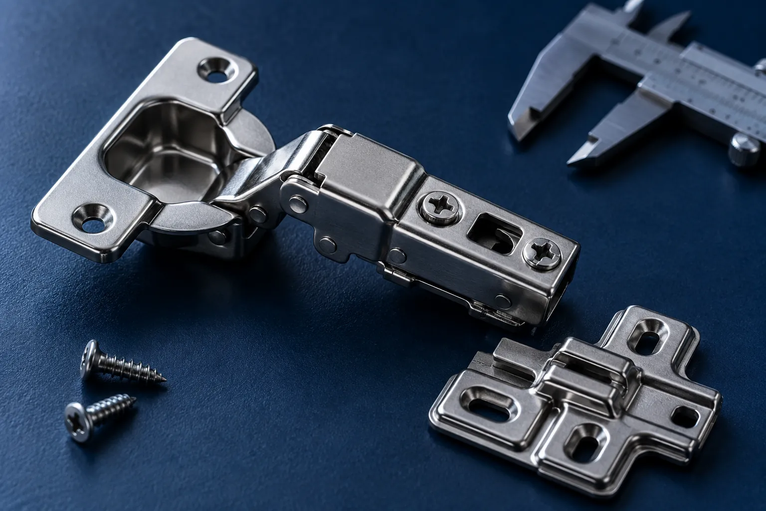 Illustrative concealed hinge and separate mounting plate on a blue mat, not an installation diagram
