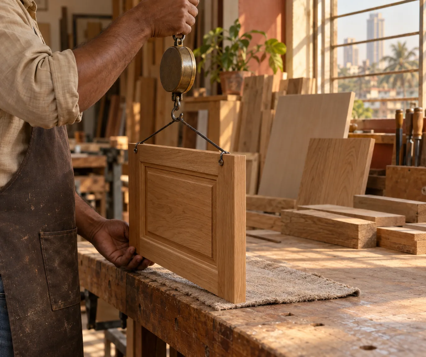 Illustrative cabinetmaker weighing a small door panel, not an FCI employee or a technical instruction