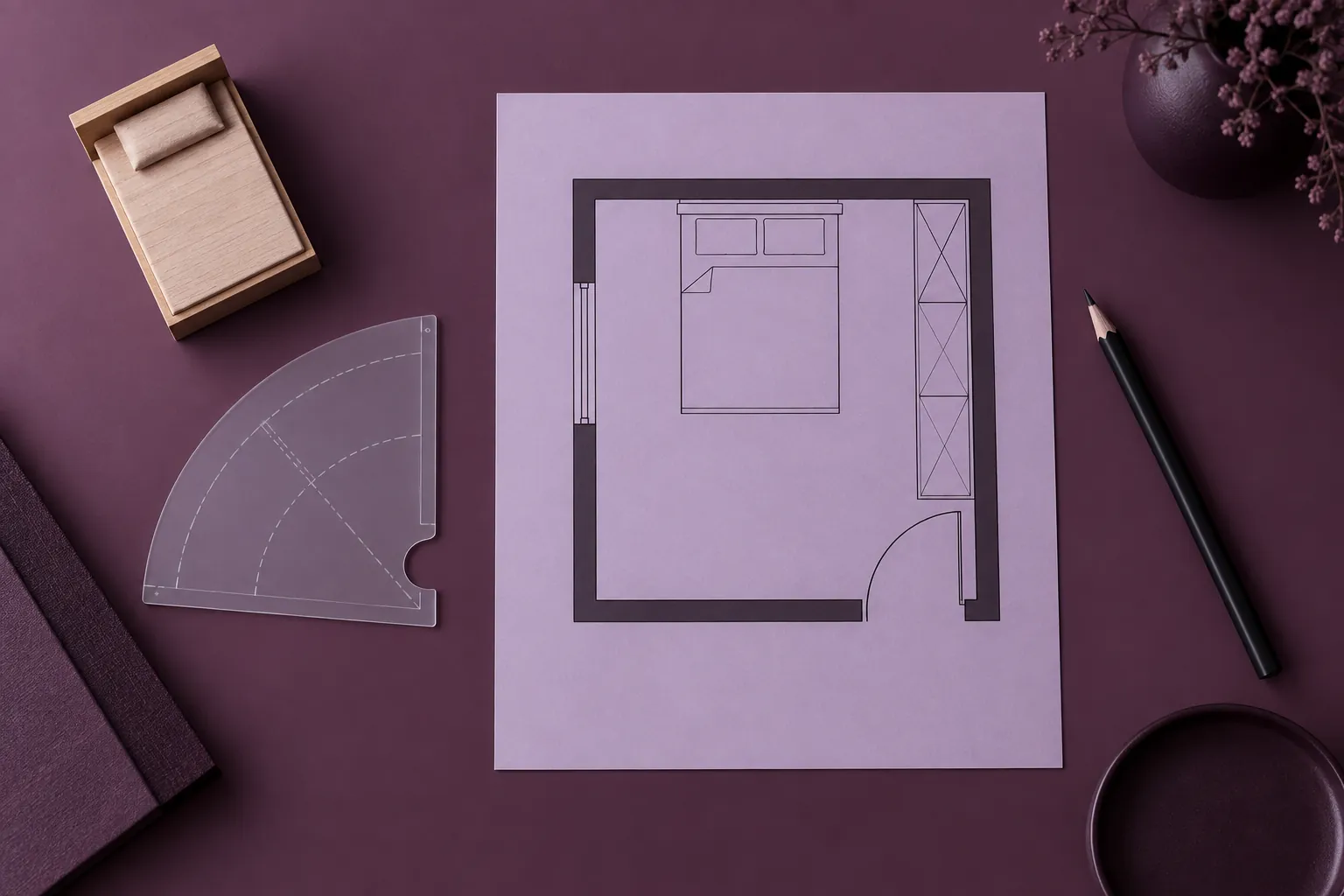 Conceptual room plan and door-swing template on a plum desk, not a measured installation drawing