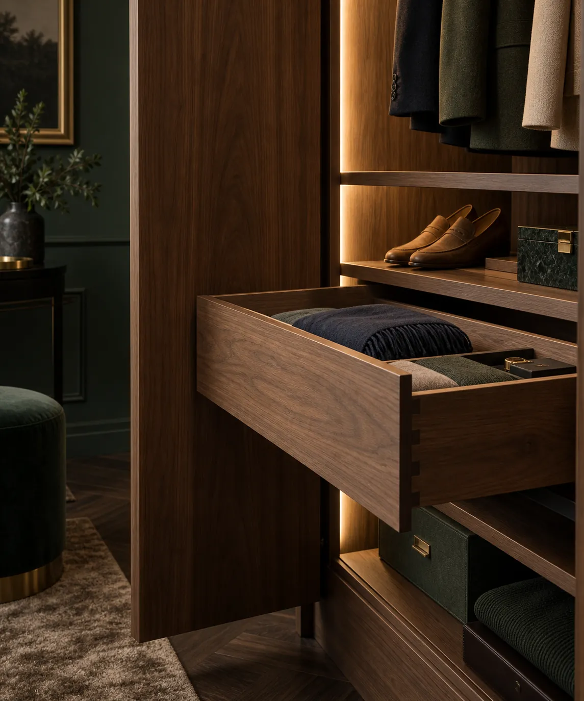 Illustrative extended internal drawer behind an open wardrobe door, showing the access question rather than a certified design