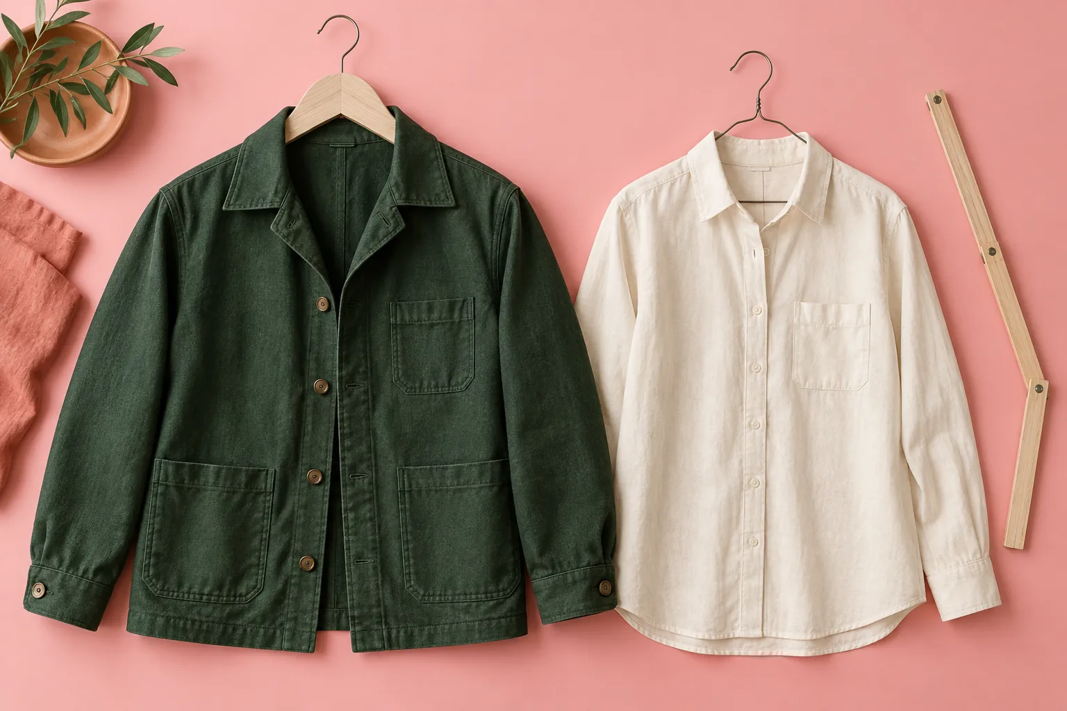 Illustrative jacket and shirt on different hangers prepared for a wardrobe fit comparison