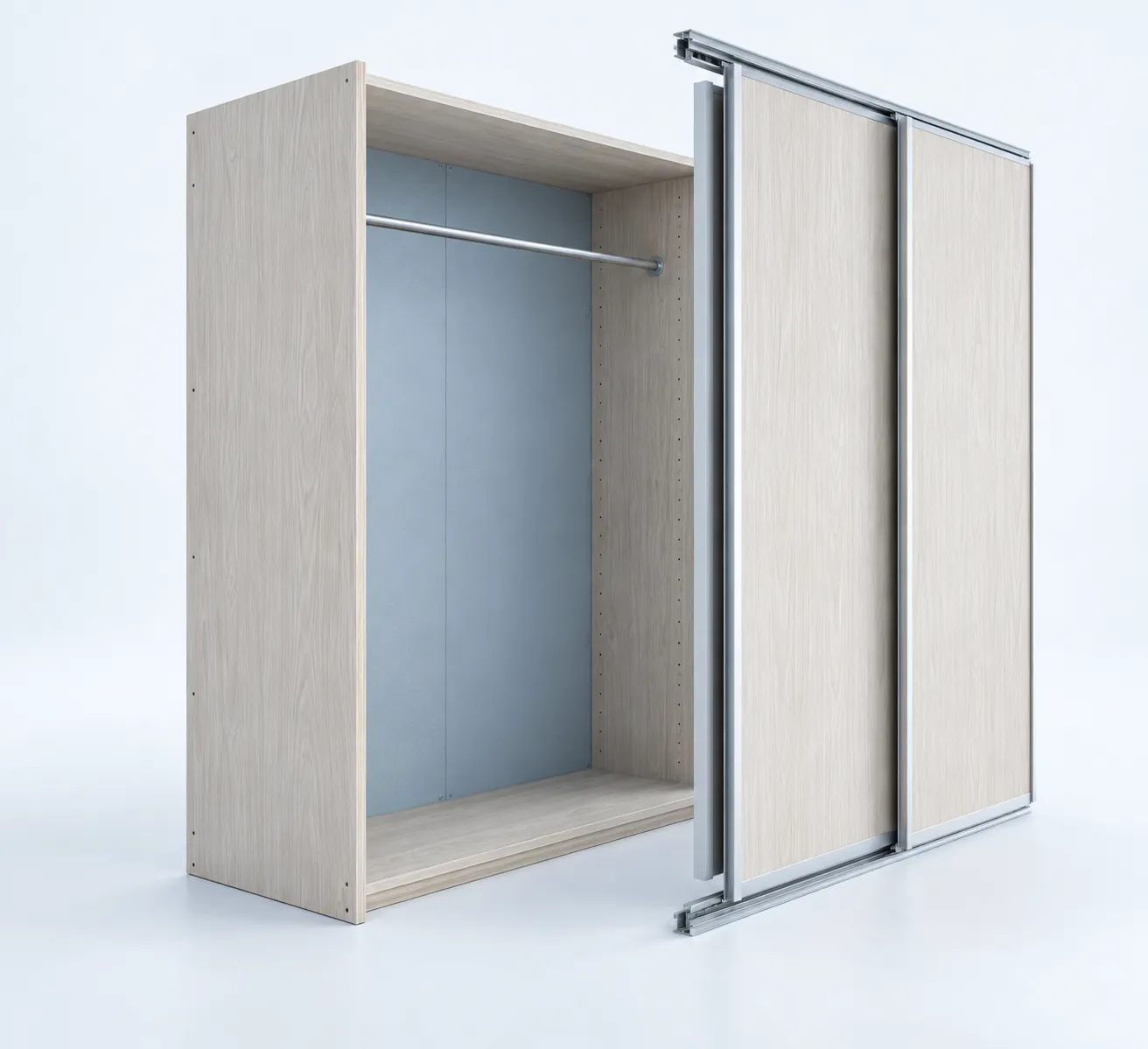 Conceptual wardrobe cutaway distinguishing cabinet panels, inner space and door tracks, not a technical drawing