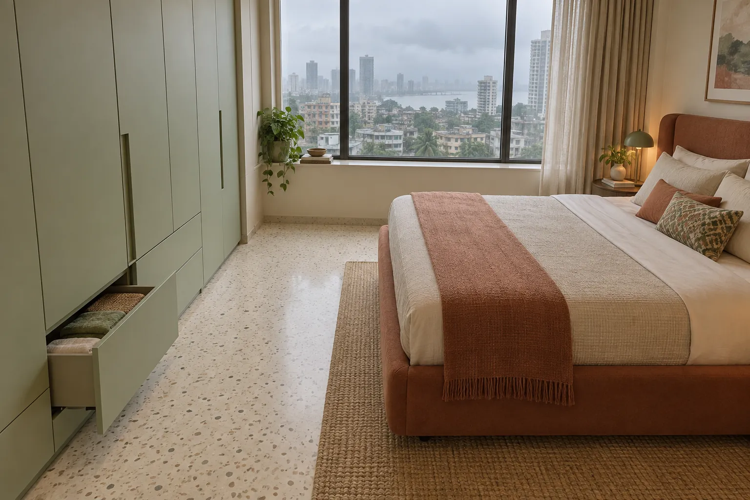 Conceptual compact bedroom showing floor space between a bed and a sliding wardrobe with an open drawer