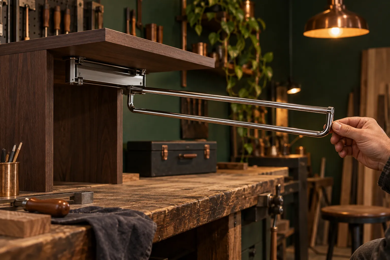 Illustrative front-to-back pull-out hanging rail in a workshop mock-up, not an engineered specification