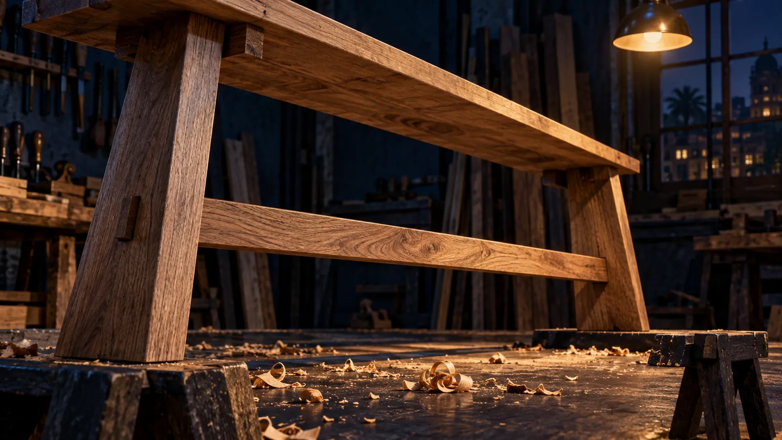 Illustrative bench frame in a workshop showing legs and stretcher, not an engineered specification