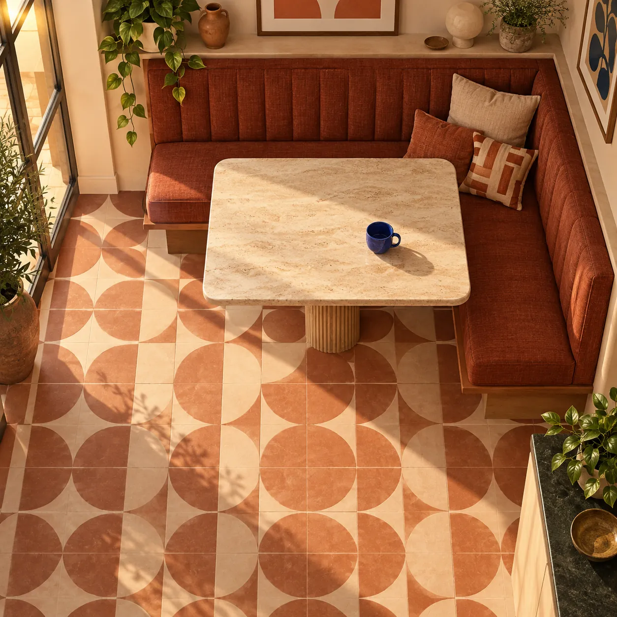 Conceptual built-in banquette nook seen from above, distinct from a movable dining bench