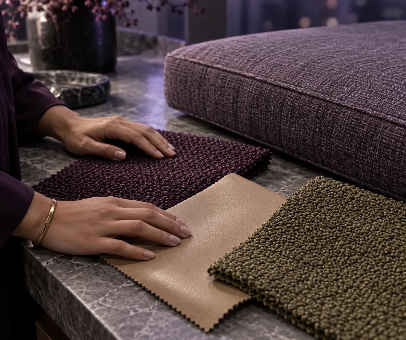 Illustrative upholstery consultation with a seat cushion and different fabric samples