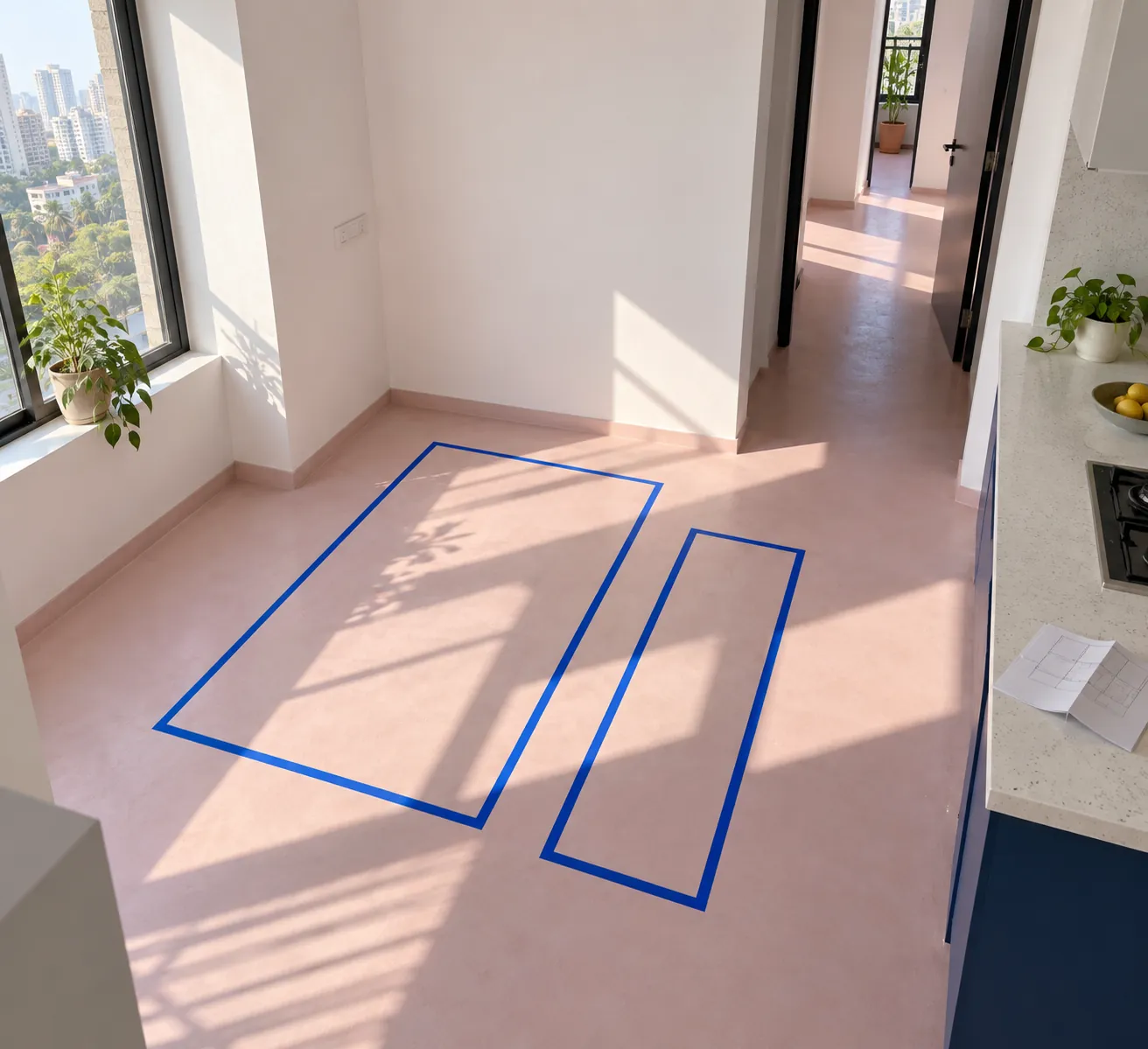 Conceptual floor footprint exercise for a dining table and bench, not a dimensioned room plan