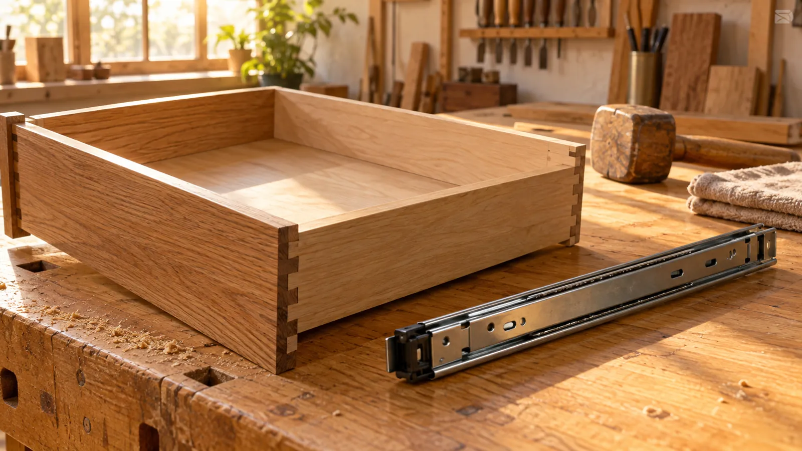 Illustrative drawer box and separate runner on a workshop bench, not a tested hardware specification