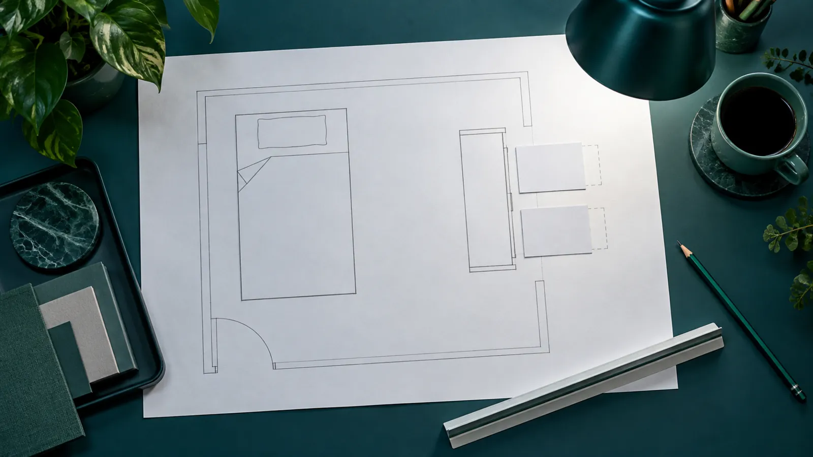 Conceptual bedroom footprint planning with paper shapes, not a dimensioned installation drawing
