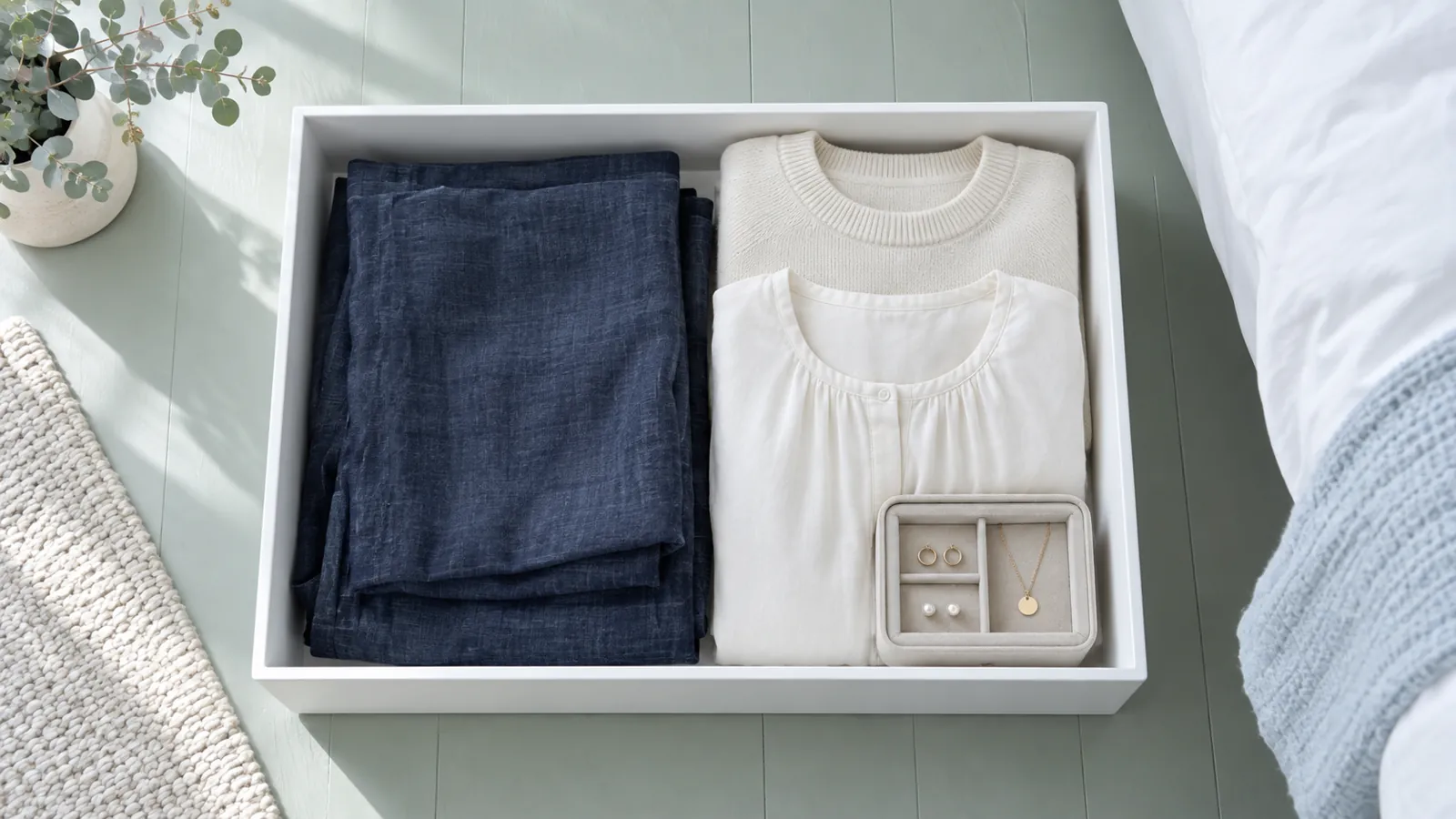 Illustrative organiser tray with folded clothes for planning useful drawer space, not a measured capacity test