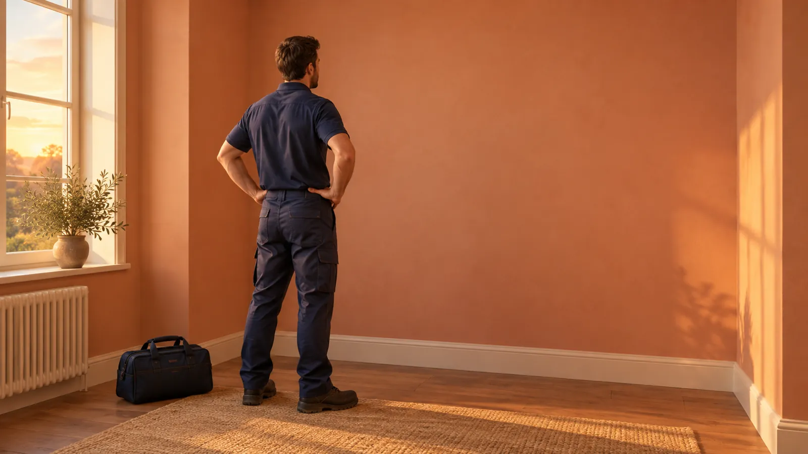 Illustrative installer assessing a bare bedroom wall, not a fixing diagram or an FCI installation