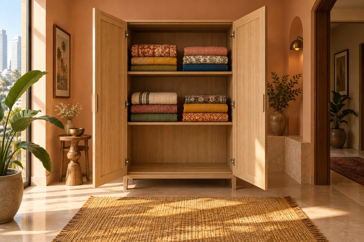 Illustrative oak cupboard with hinged doors open in a peach dressing alcove