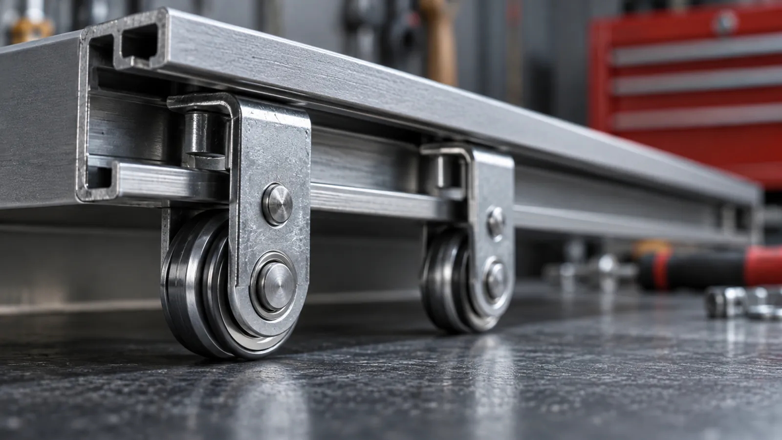 Illustrative generic sliding track and rollers on a workshop surface, not a real Hettich component