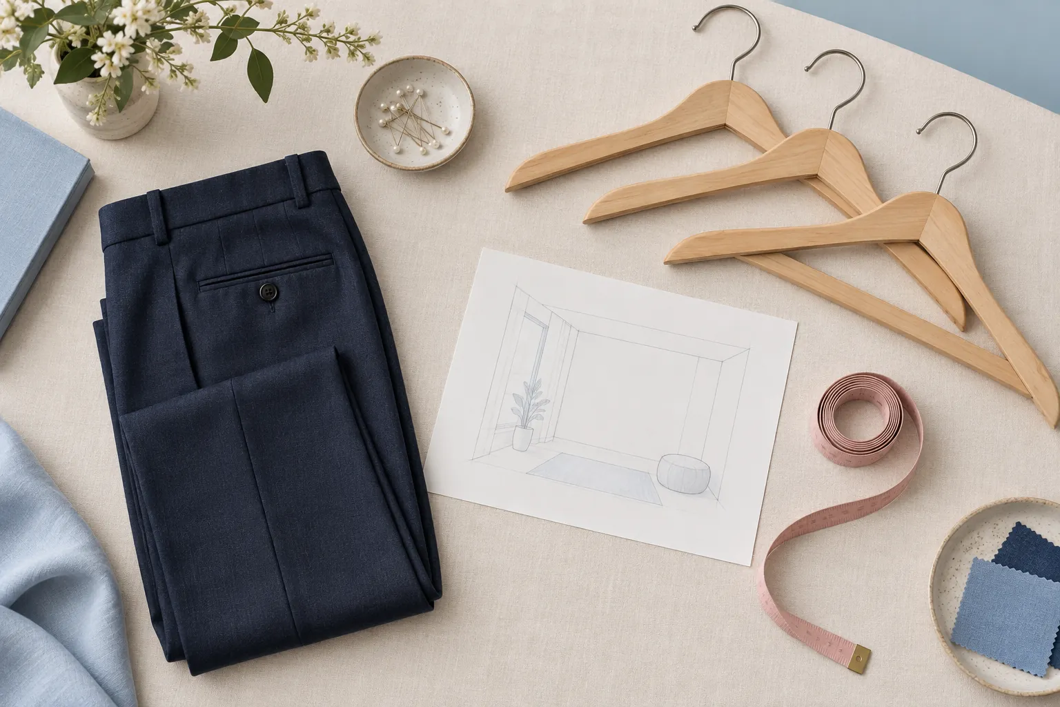 Illustrative overhead storage-planning scene with folded trousers, hangers and a blank sketch