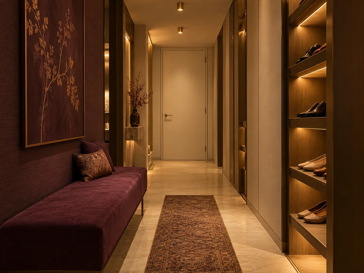Illustrative dressing passage with a plum bench and shoe shelving, showing a clear central route