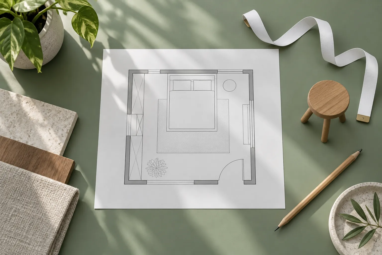 Illustrative bedroom planning sketch and model stool on a green desk, not a dimensioned or approved room plan
