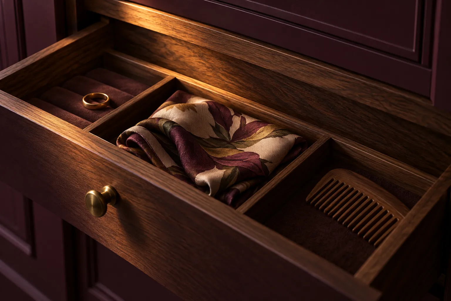 Illustrative divided walnut drawer holding a ring, scarf and comb, not a specified FCI storage design