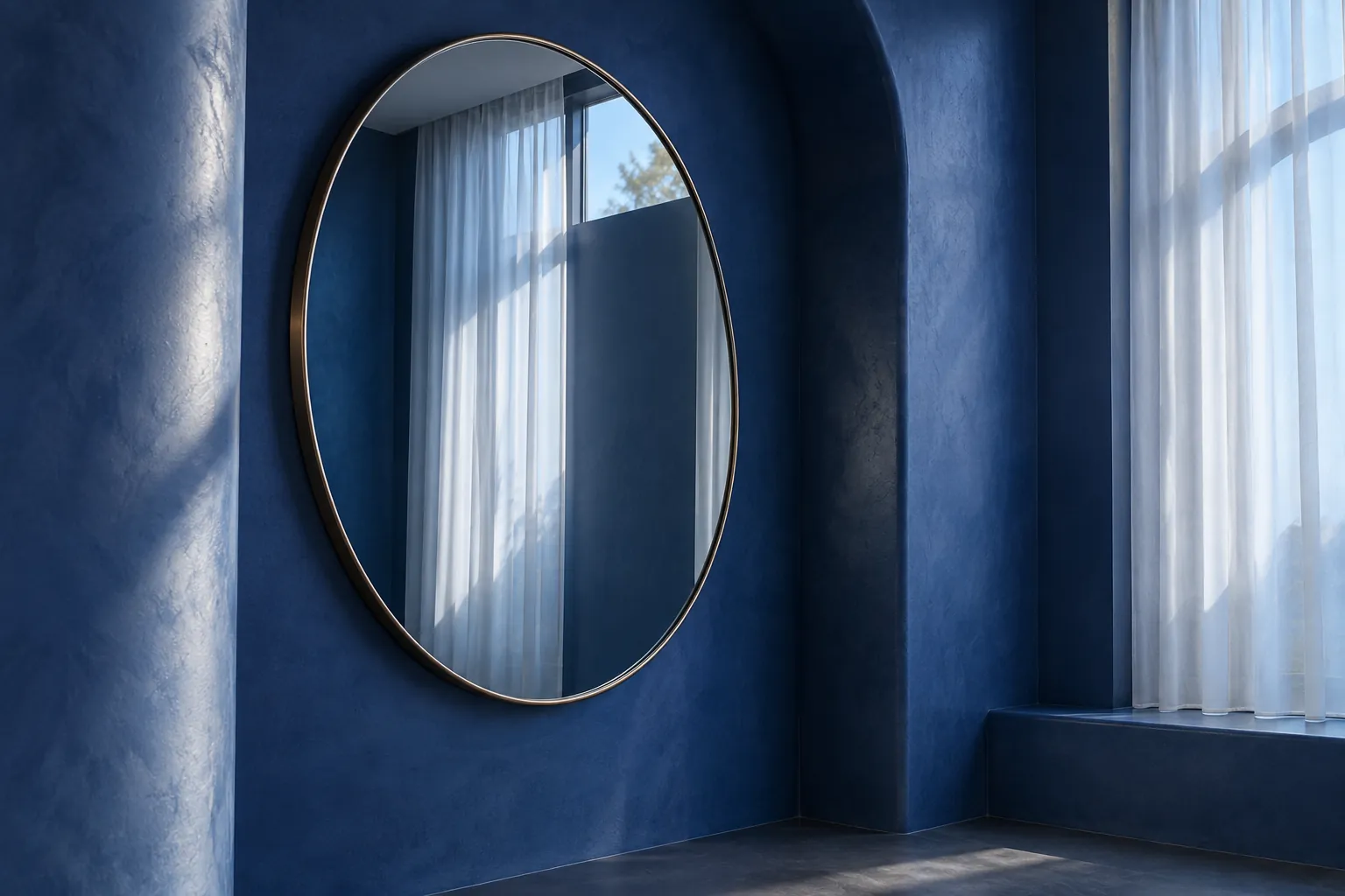 Illustrative round mirror reflecting curtains in a blue dressing alcove, not a measured mirror installation