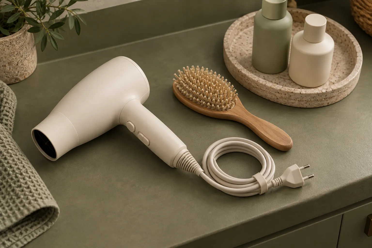 Illustrative unplugged hairdryer, brush and closed bottles on an olive counter, showing objects to consider in a storage brief