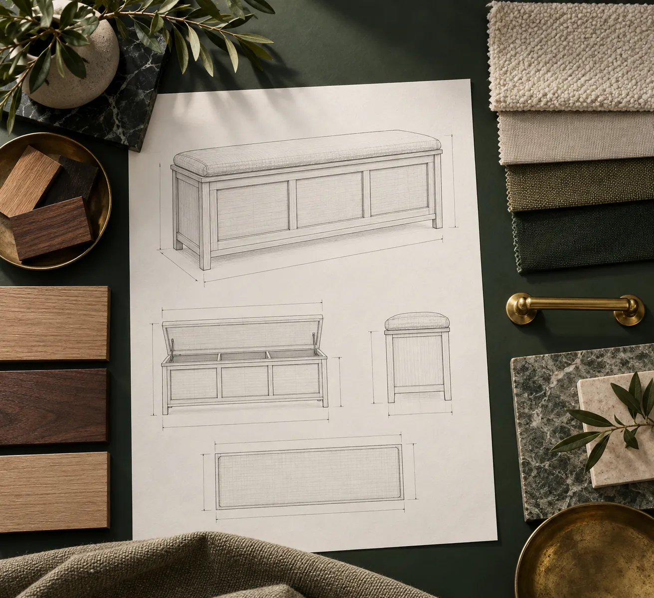 Custom storage-bench drawing with material samples