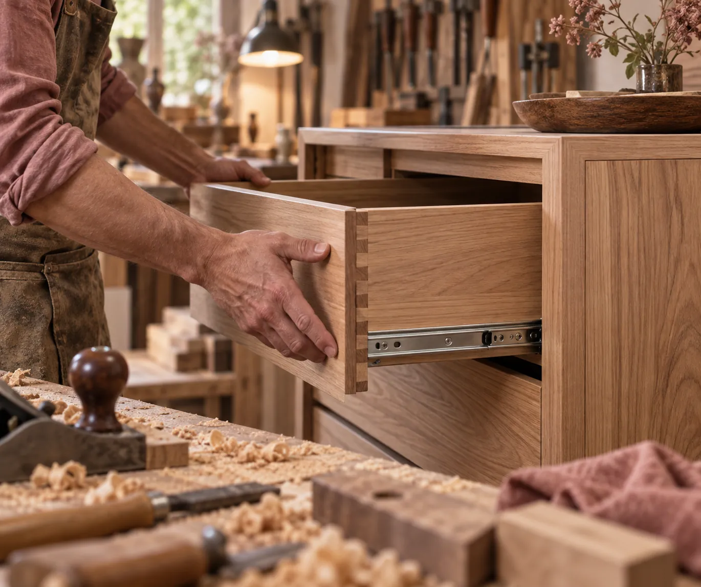 Craftsperson fitting a cabinet drawer