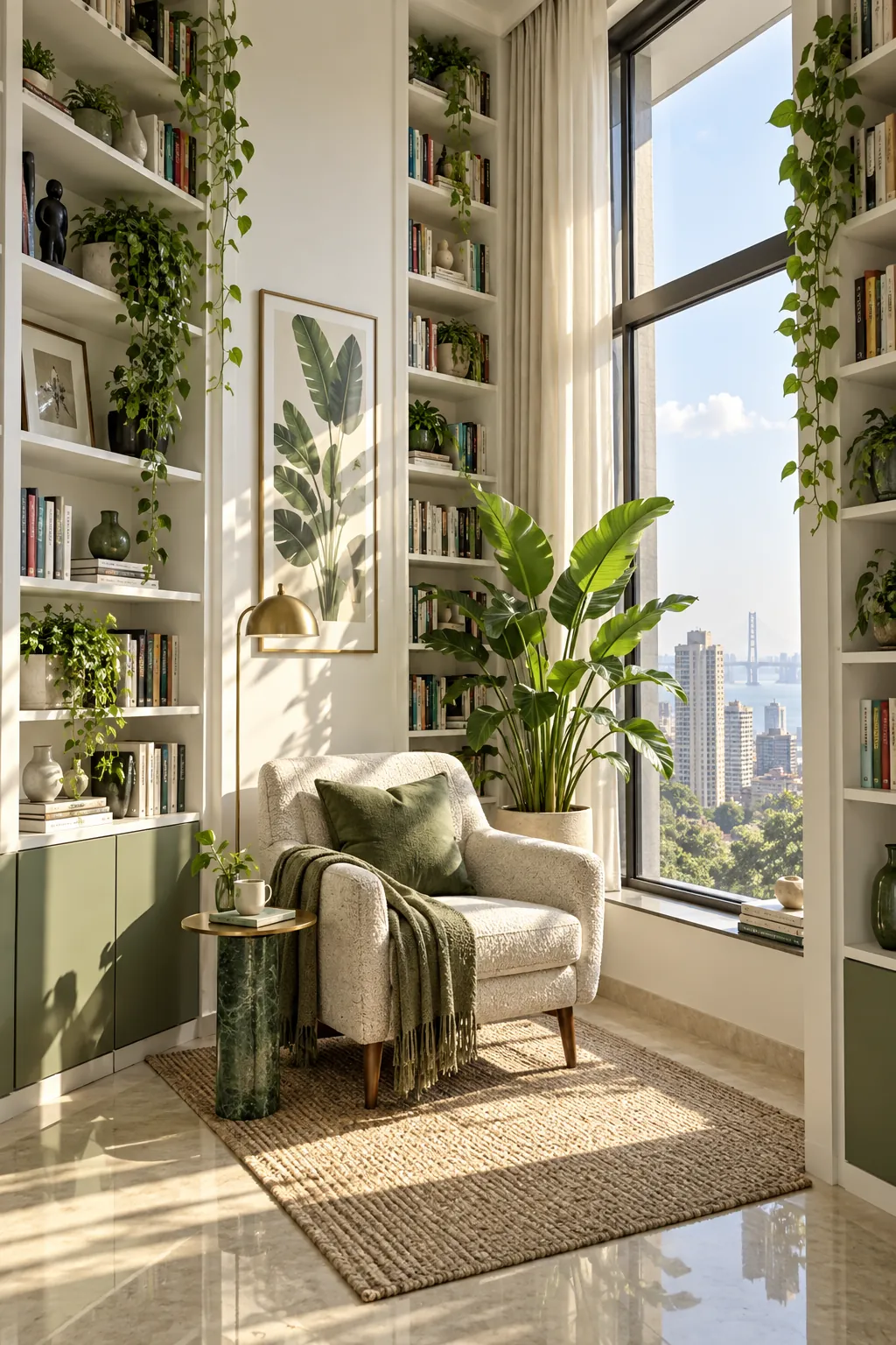 Custom bookshelves framing a reading chair
