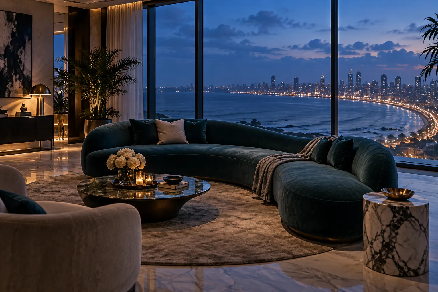 Teal curved sofa in a Mumbai living room at dusk