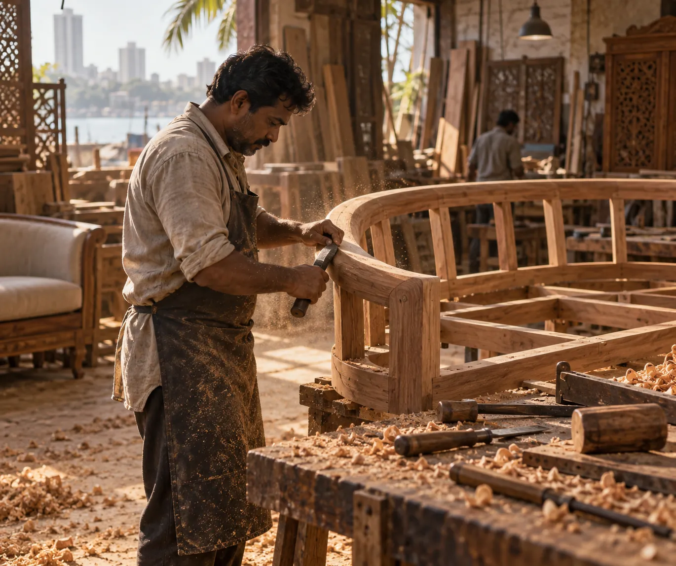 Artisan shaping a curved timber sofa frame in a Mumbai workshop