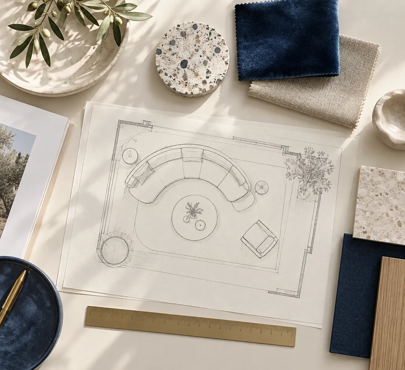 Curved-sofa plan with fabric and material samples