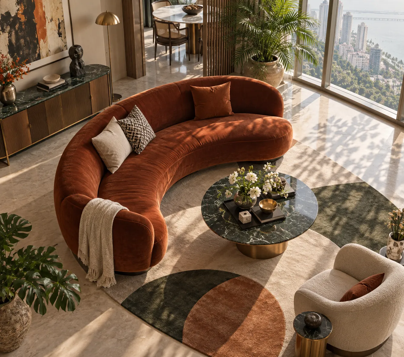 Overhead view of curved sofa with clear circulation in a sunlit apartment