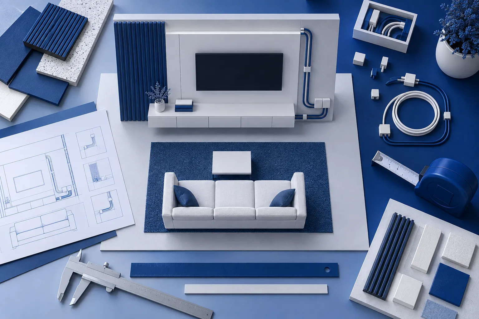 Overhead scale model for planning a TV wall and seating