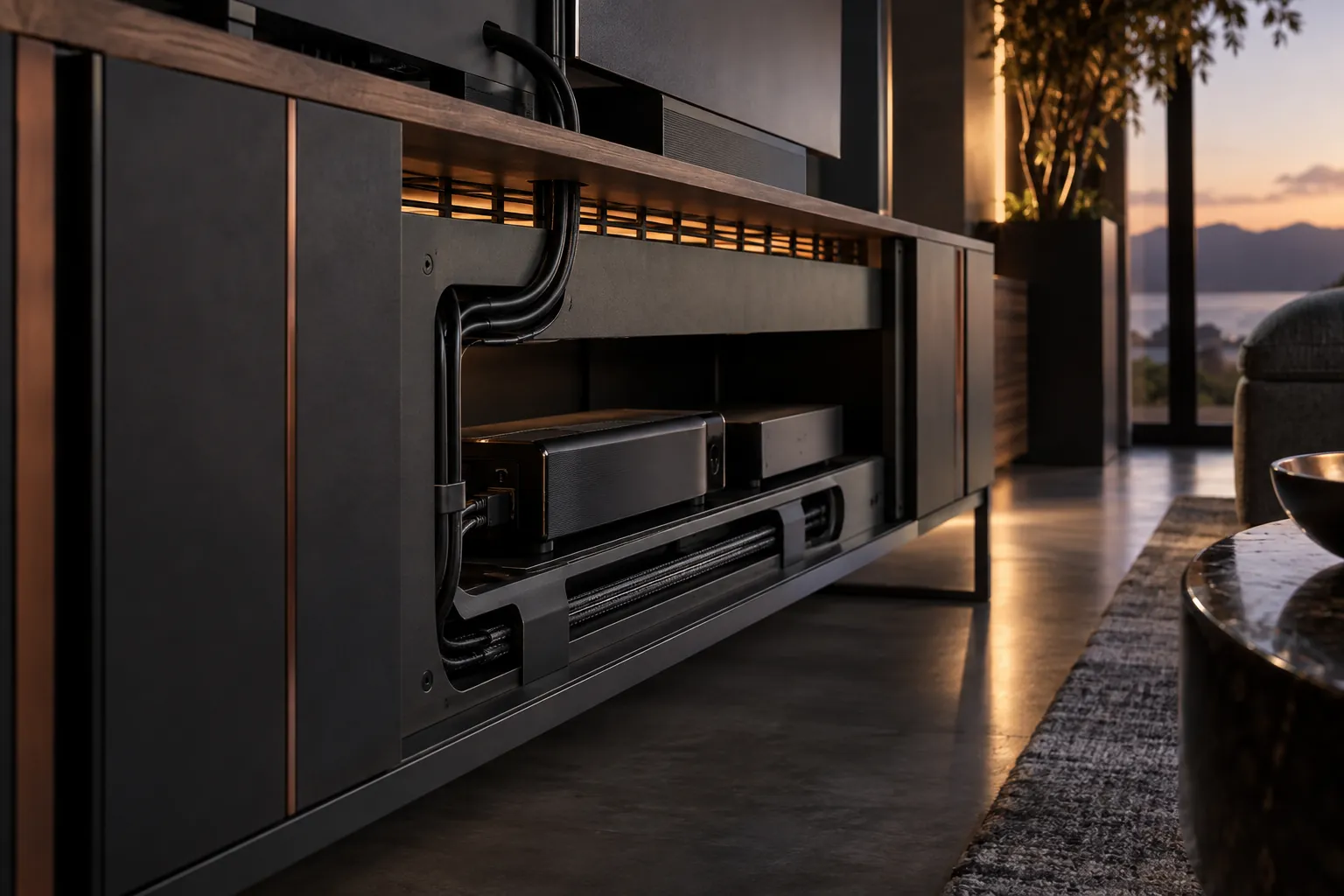 Cable channels and ventilation space behind a media cabinet