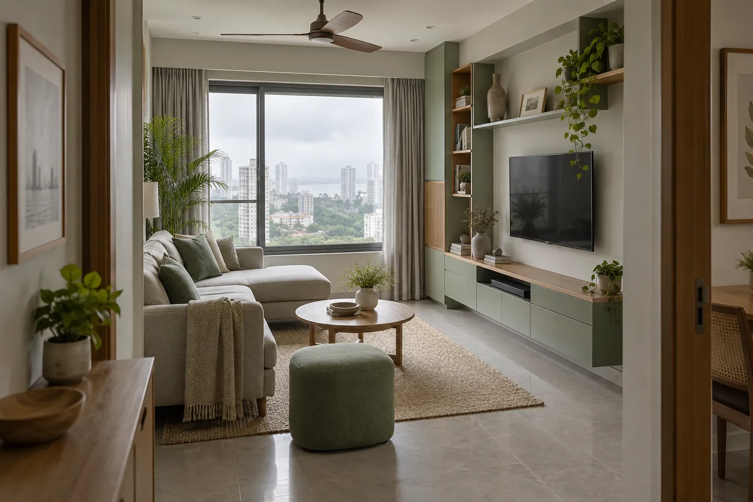 Compact Mumbai living room with asymmetrical media storage