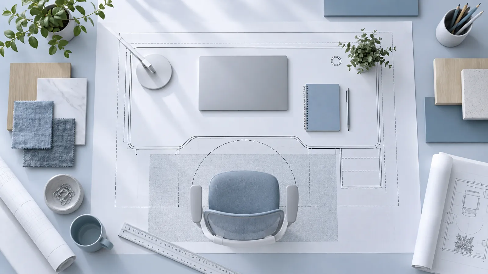 Overhead custom desk plan with equipment and chair clearance